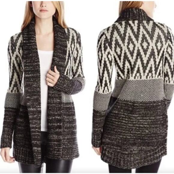 Lucky Brand Wool Blend Cardigan Small Shawl Collar Mixed Media Knit Open Front - Picture 1 of 12